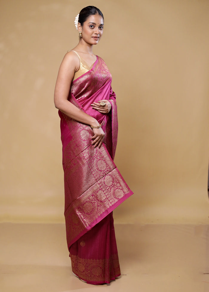 Pink Handloom Tussar Pure Silk Saree With Blouse Piece