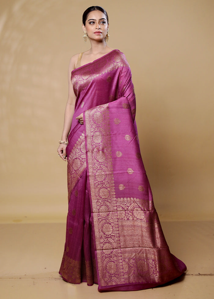 Purple Handloom Tussar Pure Silk Saree With Blouse Piece