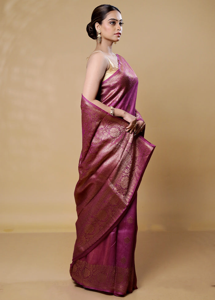 Purple Handloom Tussar Pure Silk Saree With Blouse Piece