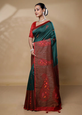 Green Dupion Silk Saree With Blouse Piece