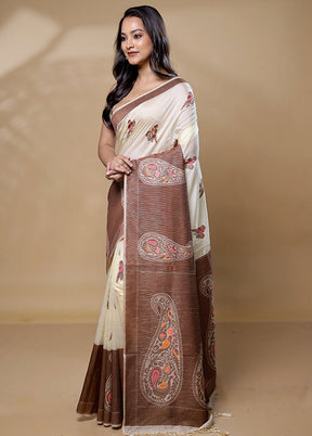 Cream Dupion Silk Saree With Blouse Piece