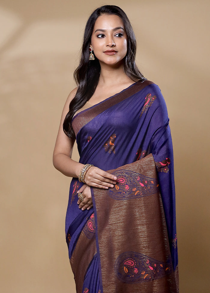 Blue Dupion Silk Saree With Blouse Piece