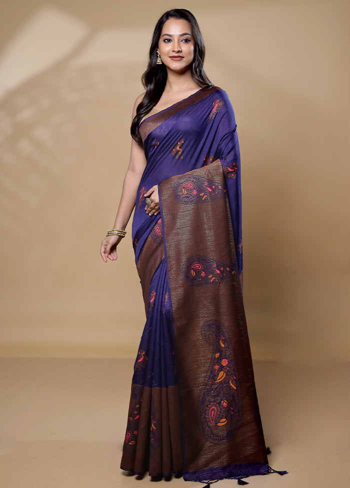 Blue Dupion Silk Saree With Blouse Piece