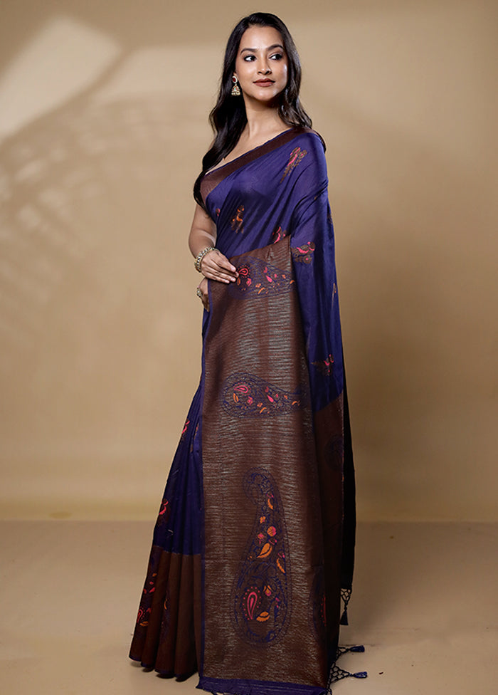 Blue Dupion Silk Saree With Blouse Piece