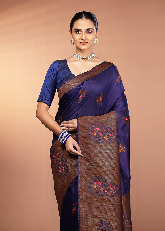 Blue Dupion Silk Saree With Blouse Piece