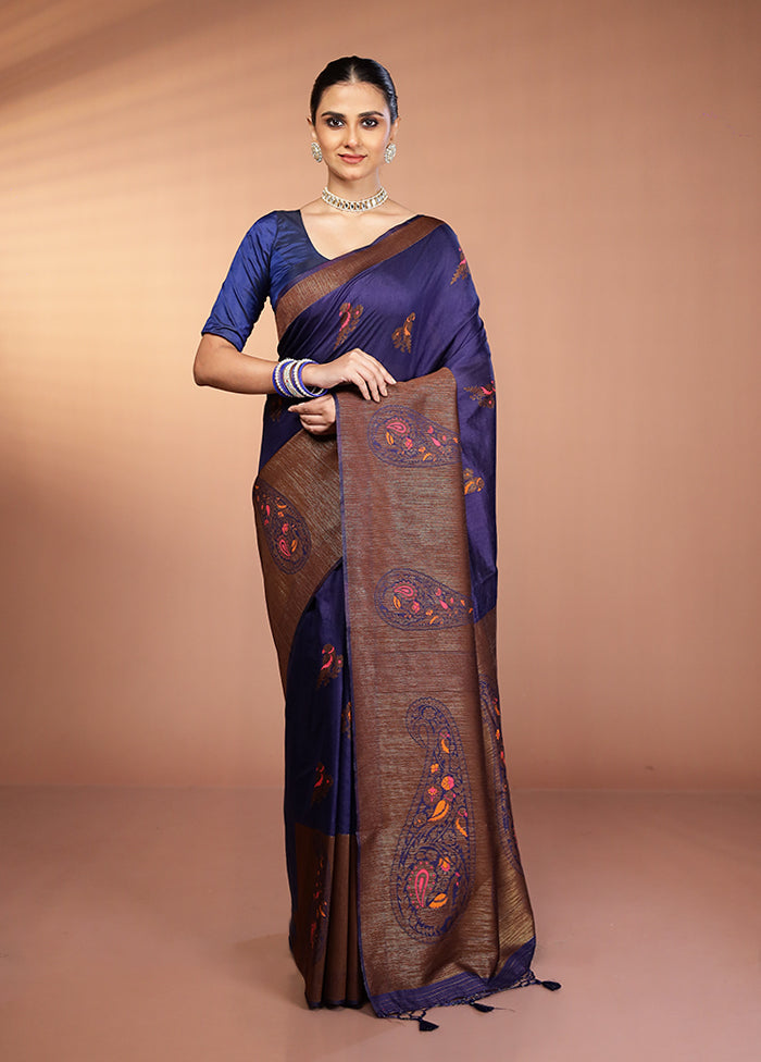 Blue Dupion Silk Saree With Blouse Piece