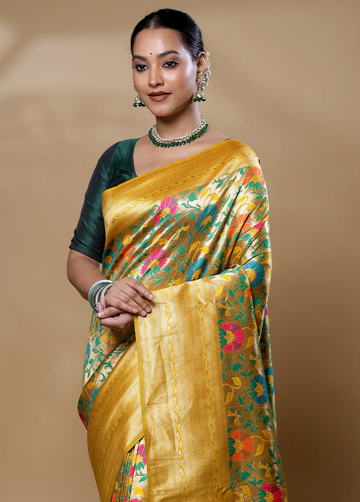 Yellow Dupion Silk Saree With Blouse Piece