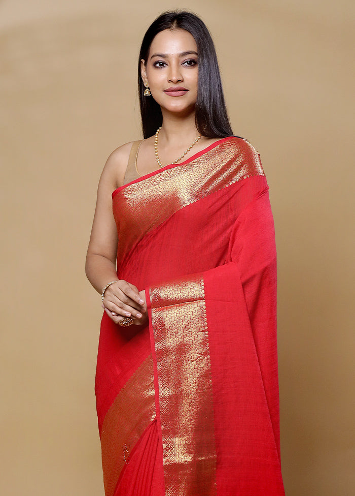 Red Dupion Silk Saree With Blouse Piece