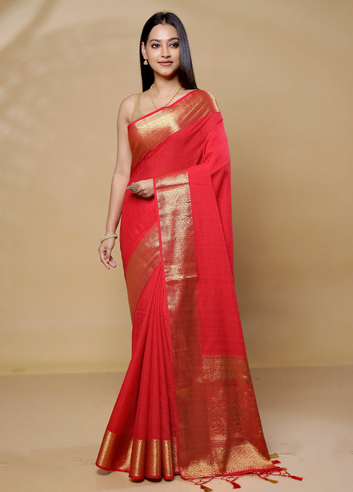 Red Dupion Silk Saree With Blouse Piece