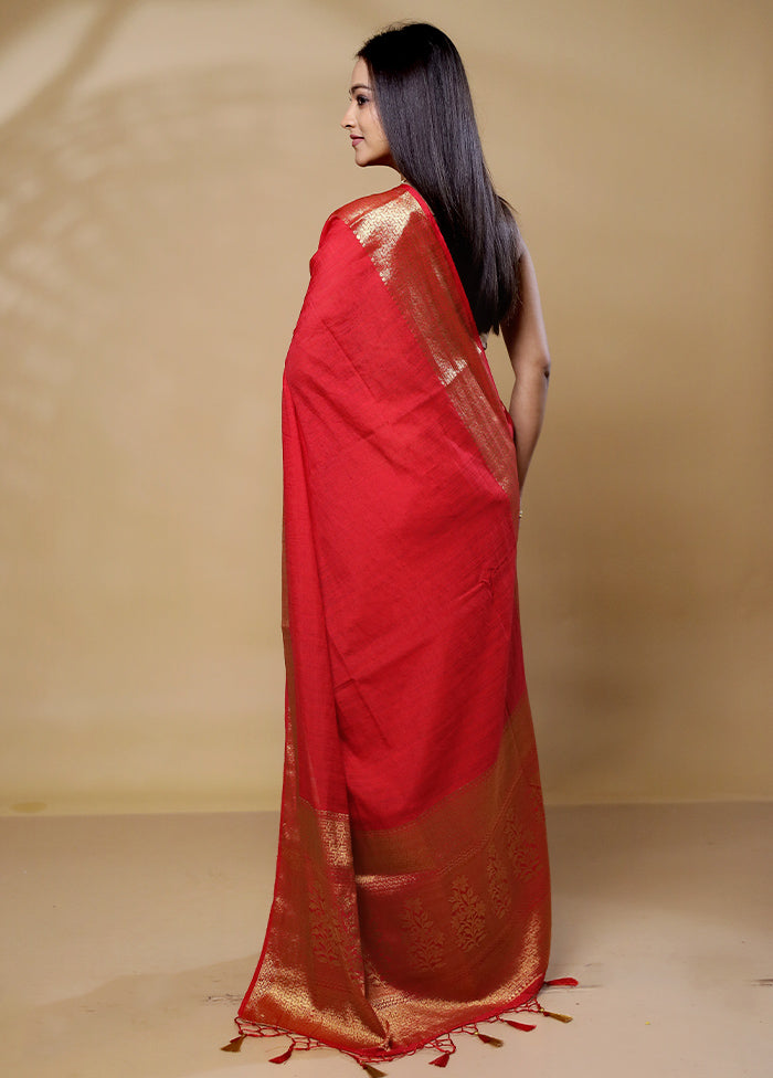 Red Dupion Silk Saree With Blouse Piece