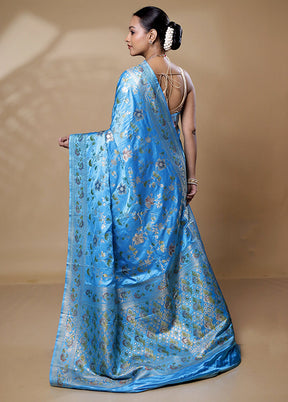 Blue Dupion Silk Saree With Blouse Piece