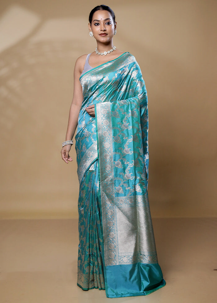 Blue Handloom Katan Pure Silk Saree With Blouse Piece