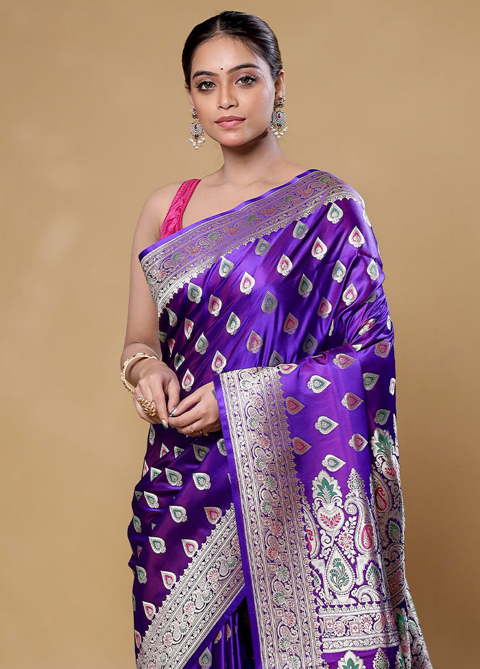 Purple Handloom Banarasi Pure Silk Saree With Blouse Piece