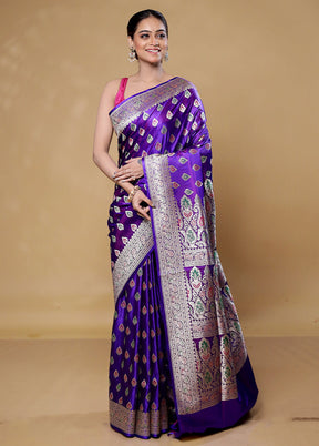 Purple Handloom Banarasi Pure Silk Saree With Blouse Piece