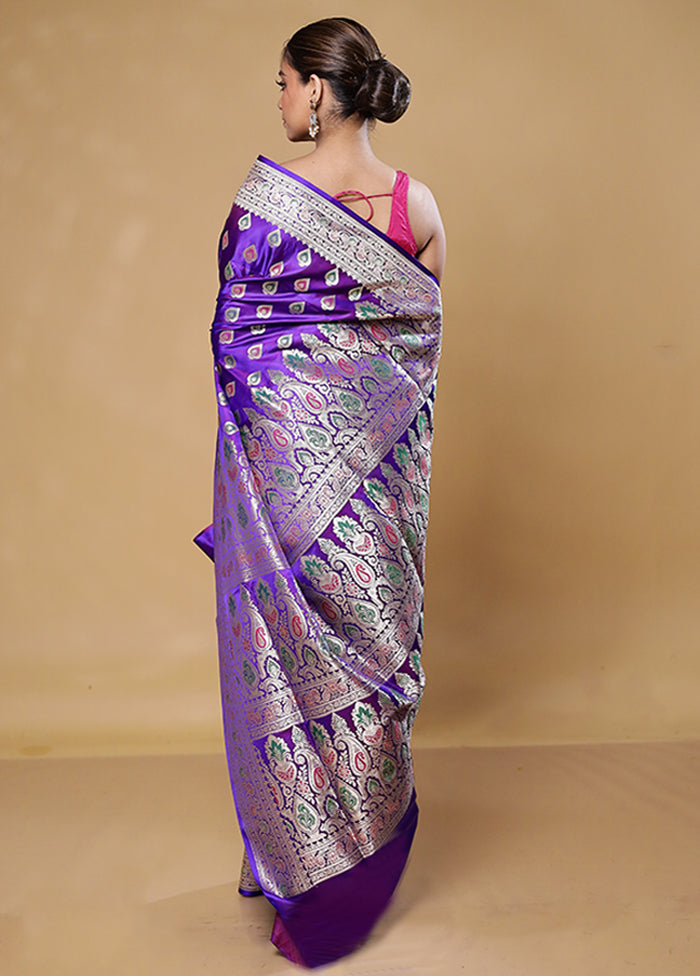 Purple Handloom Banarasi Pure Silk Saree With Blouse Piece