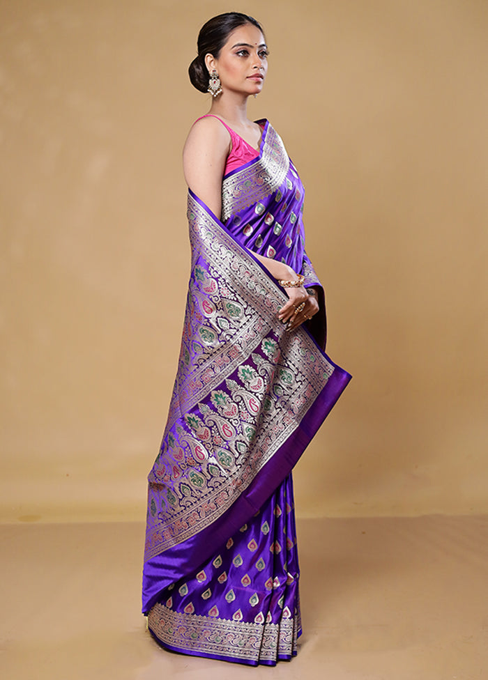 Purple Handloom Banarasi Pure Silk Saree With Blouse Piece