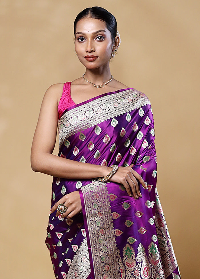 Purple Handloom Banarasi Pure Silk Saree With Blouse Piece