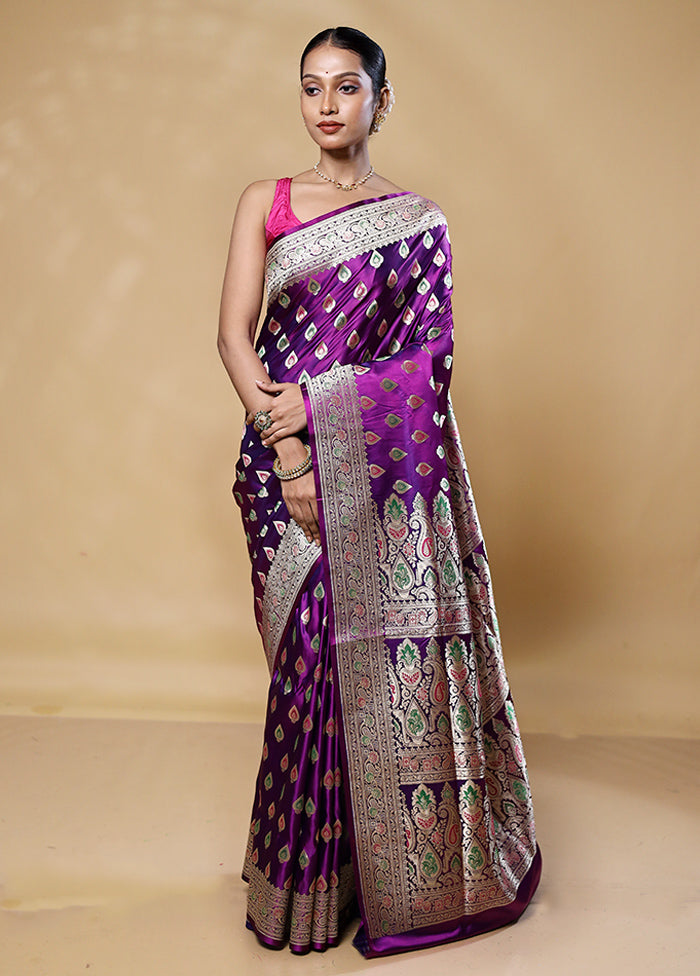 Purple Handloom Banarasi Pure Silk Saree With Blouse Piece