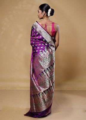 Purple Handloom Banarasi Pure Silk Saree With Blouse Piece