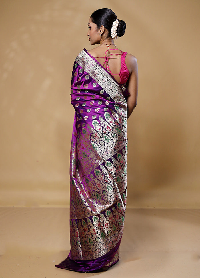 Purple Handloom Banarasi Pure Silk Saree With Blouse Piece