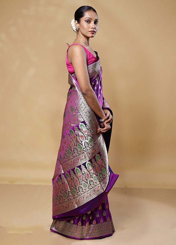 Purple Handloom Banarasi Pure Silk Saree With Blouse Piece