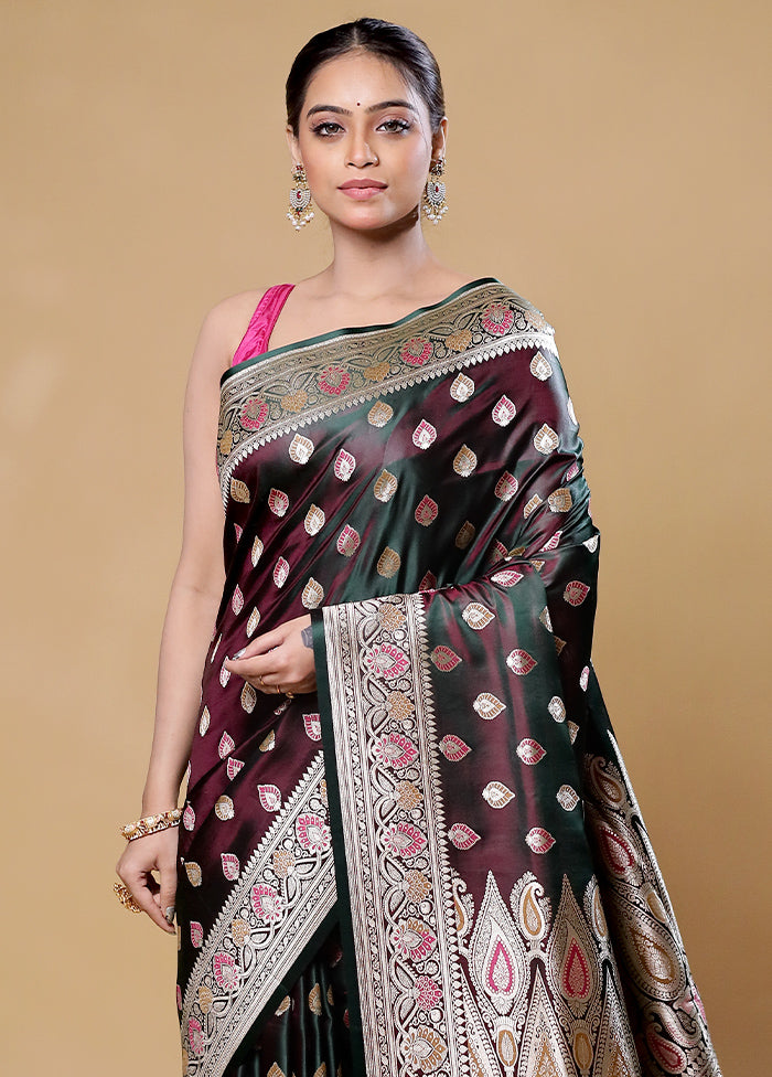 Wine Handloom Banarasi Pure Silk Saree With Blouse Piece