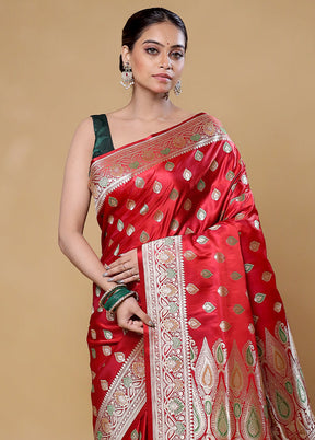 Red Handloom Banarasi Pure Silk Saree With Blouse Piece