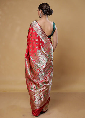 Red Handloom Banarasi Pure Silk Saree With Blouse Piece