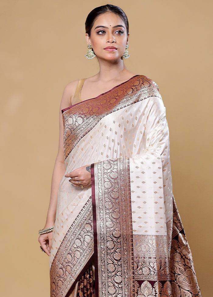 Cream Banarasi Silk Saree With Blouse Piece