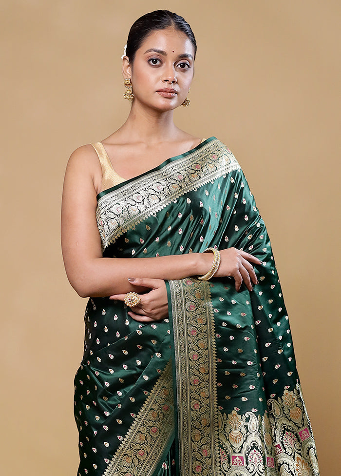 Green Handloom Banarasi Pure Silk Saree With Blouse Piece