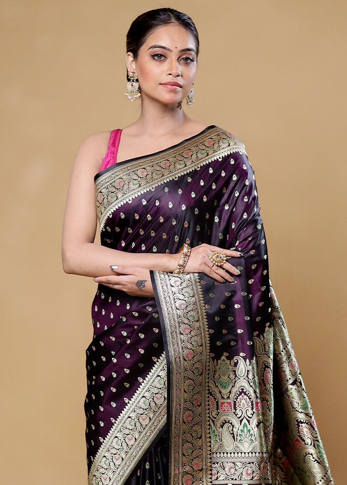 Wine Handloom Banarasi Pure Silk Saree With Blouse Piece