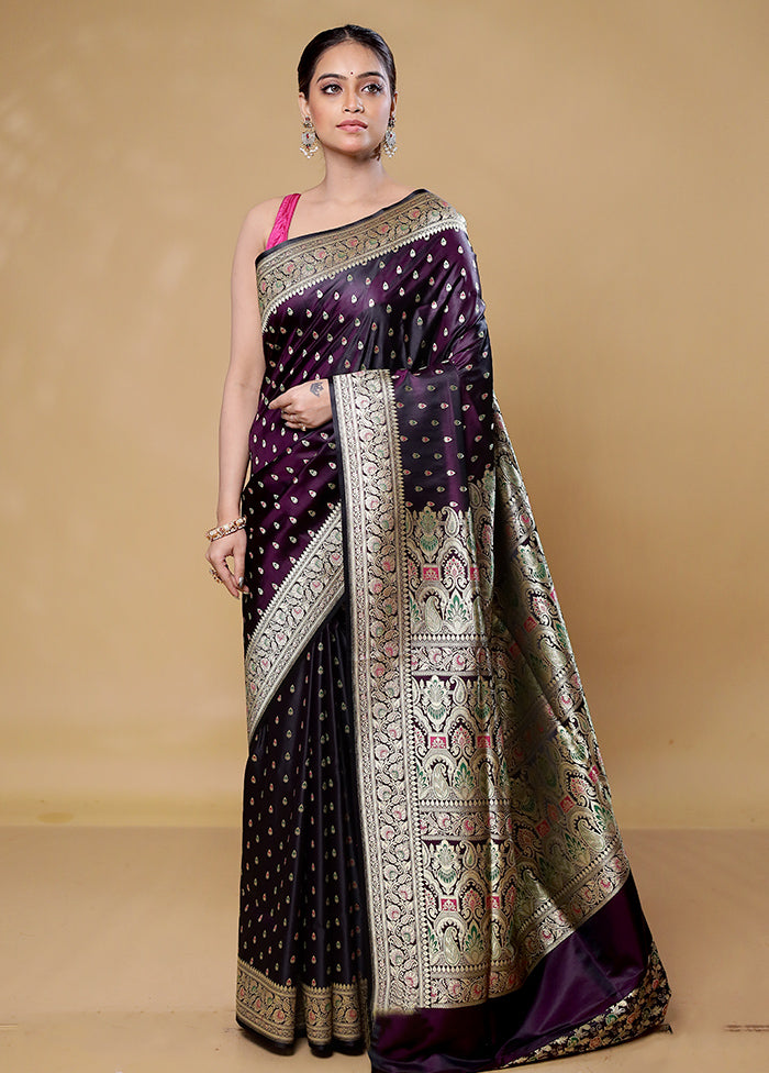 Wine Handloom Banarasi Pure Silk Saree With Blouse Piece