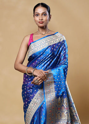 Blue Handloom Banarasi Pure Silk Saree With Blouse Piece