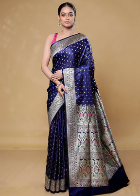 Blue Handloom Banarasi Pure Silk Saree With Blouse Piece