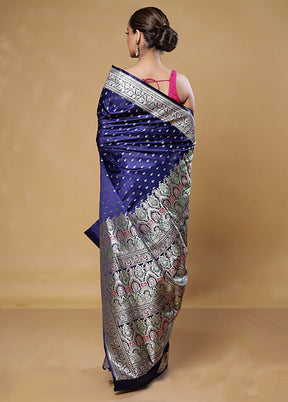 Blue Handloom Banarasi Pure Silk Saree With Blouse Piece