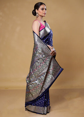 Blue Handloom Banarasi Pure Silk Saree With Blouse Piece