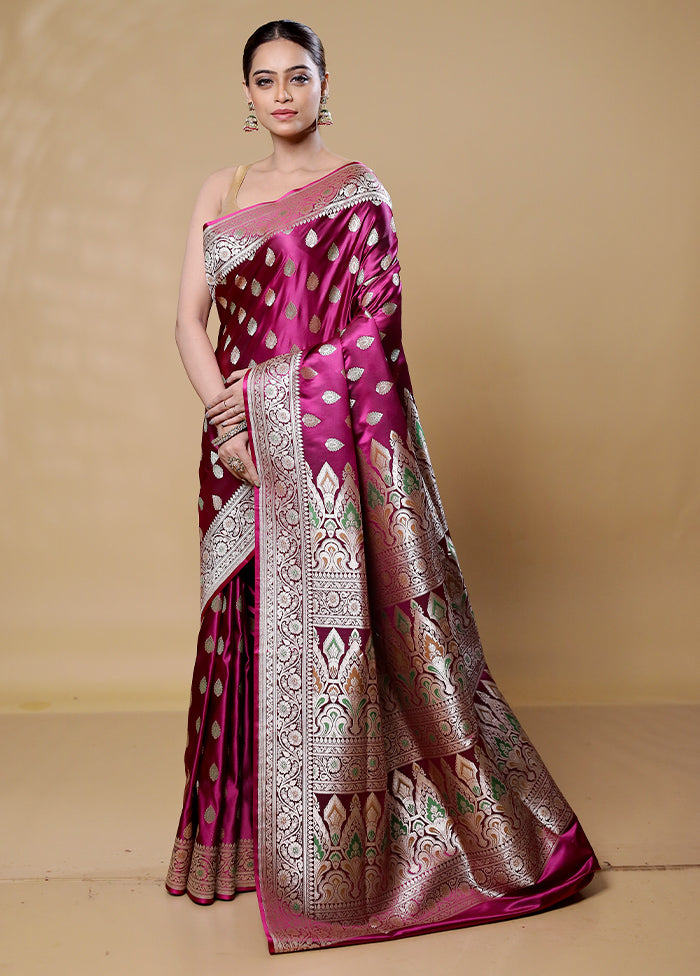 Purple Handloom Banarasi Pure Silk Saree With Blouse Piece