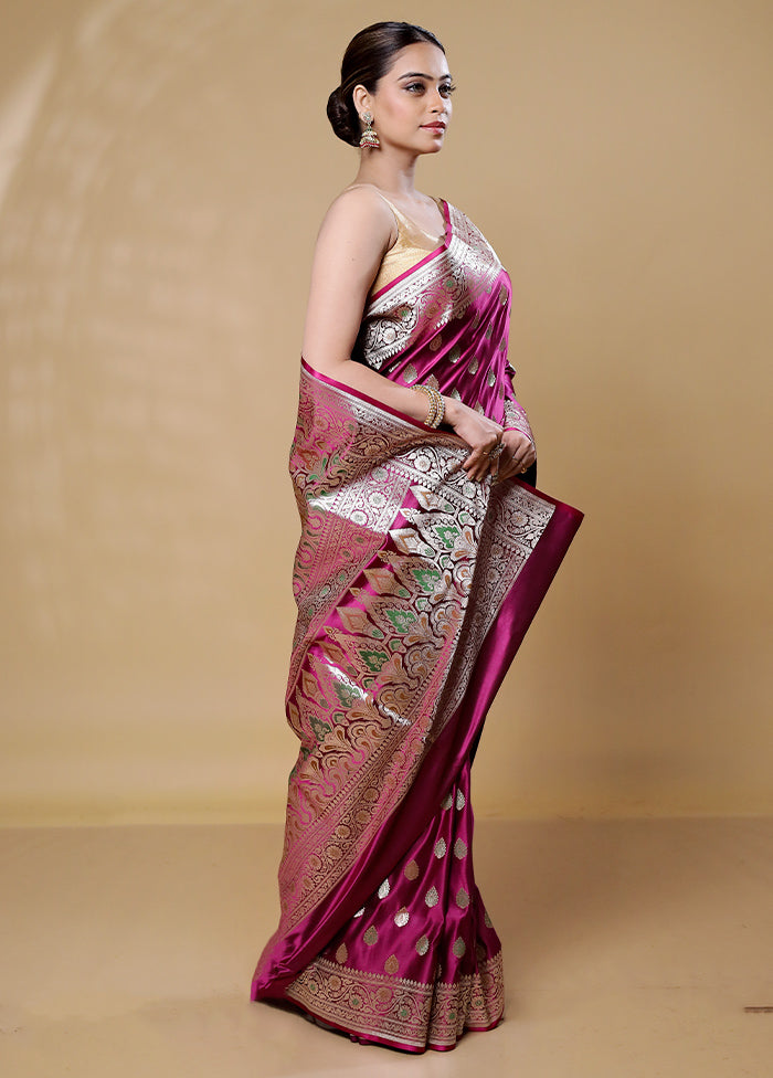 Purple Handloom Banarasi Pure Silk Saree With Blouse Piece