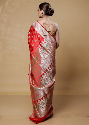 Red Handloom Banarasi Pure Silk Saree With Blouse Piece