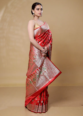 Red Handloom Banarasi Pure Silk Saree With Blouse Piece