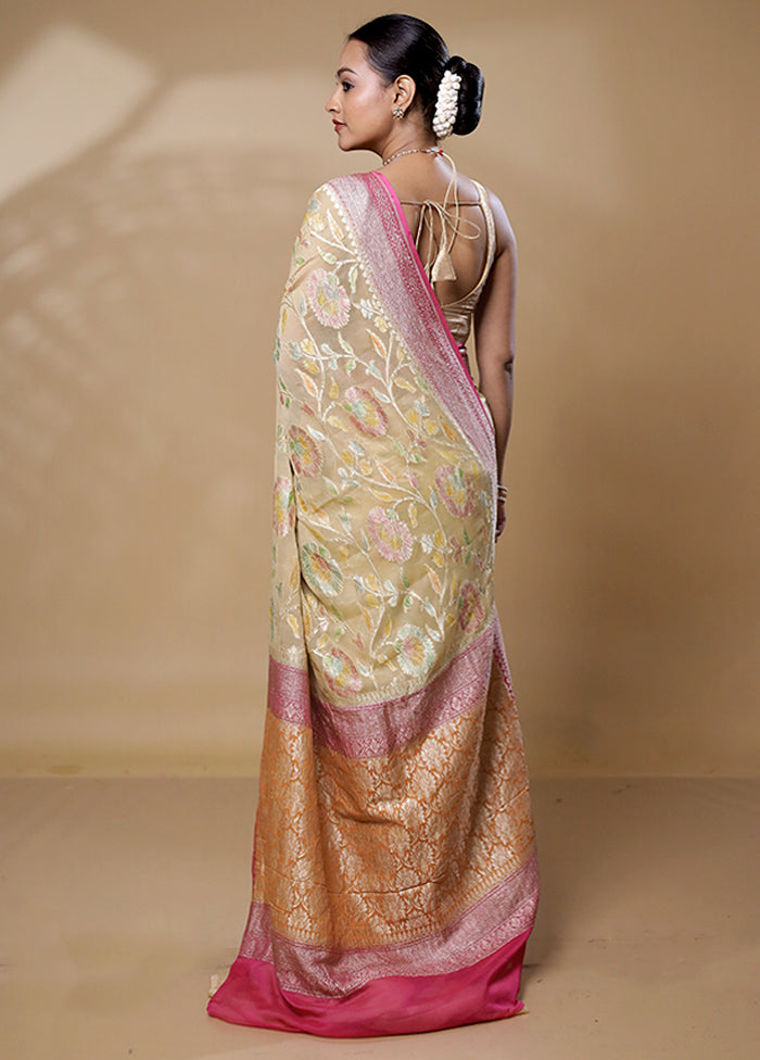 Cream Handloom Pure Georgette Saree With Blouse Piece