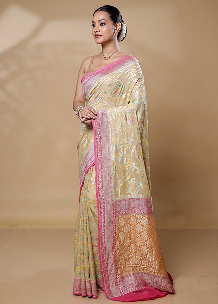 Cream Handloom Pure Georgette Saree With Blouse Piece