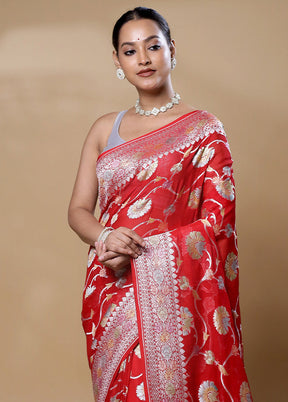 Red Handloom Pure Georgette Saree With Blouse Piece