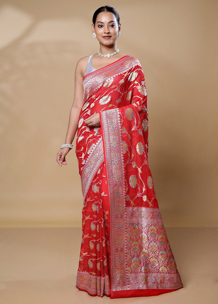 Red Handloom Pure Georgette Saree With Blouse Piece