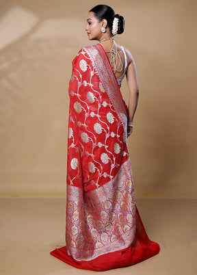 Red Handloom Pure Georgette Saree With Blouse Piece