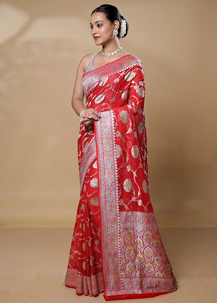 Red Handloom Pure Georgette Saree With Blouse Piece