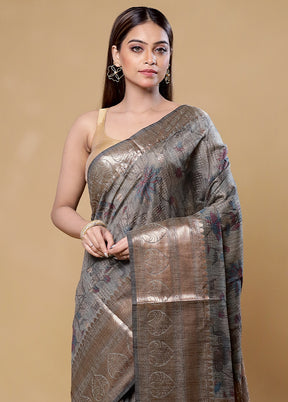 Grey Tussar Silk Saree With Blouse Piece