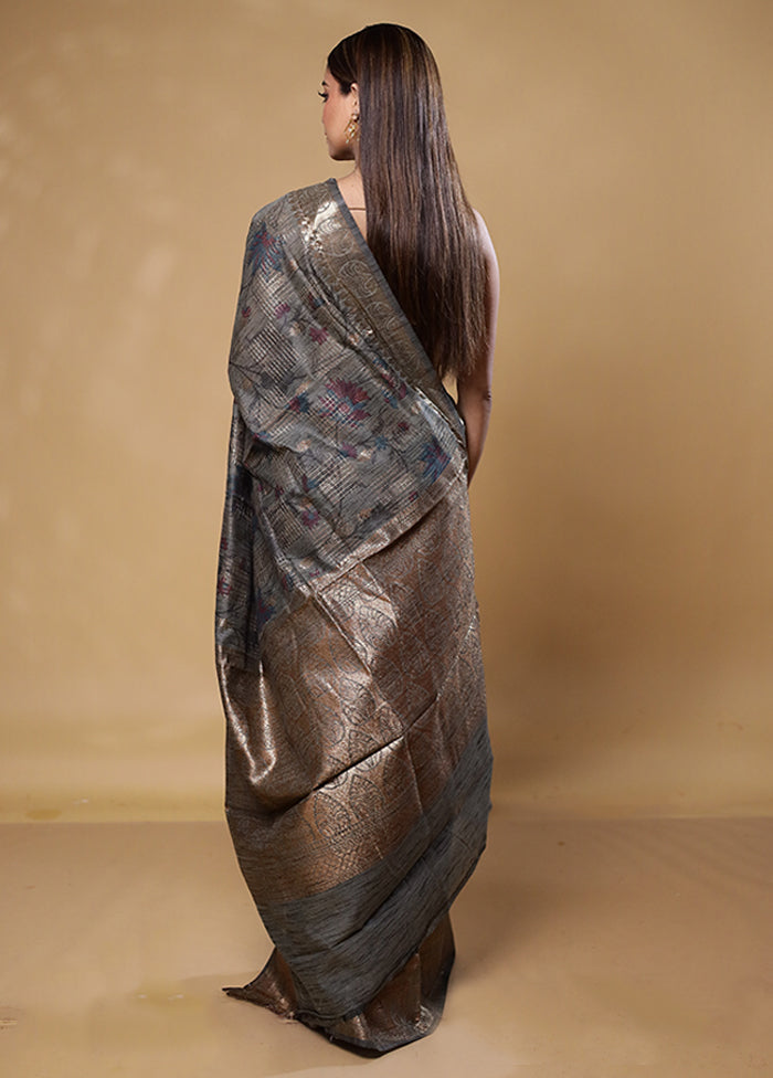 Grey Tussar Silk Saree With Blouse Piece