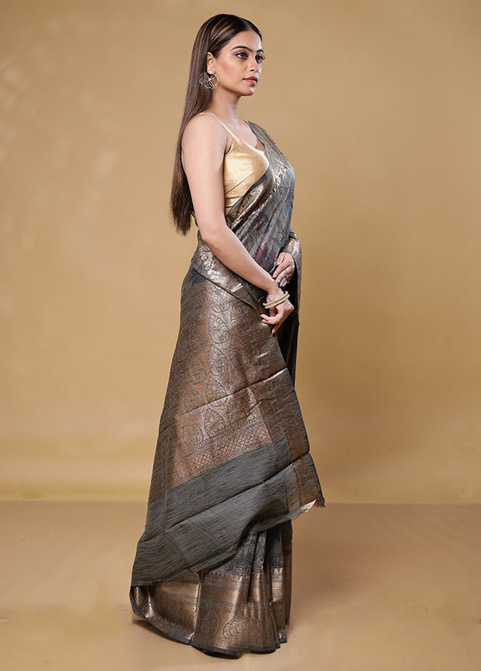 Grey Tussar Silk Saree With Blouse Piece