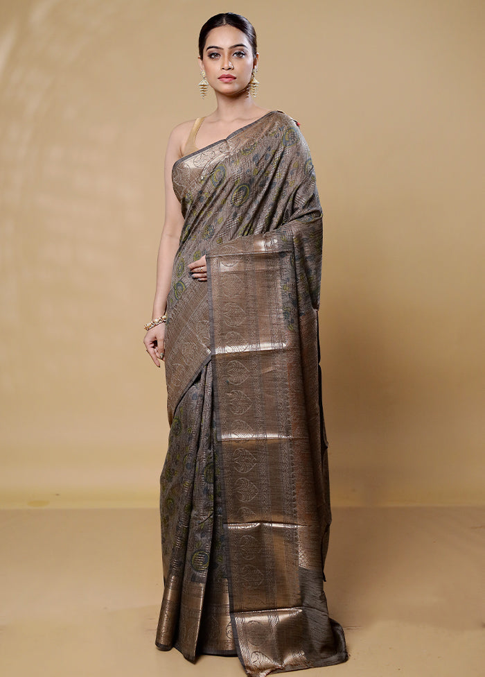 Grey Tussar Silk Saree With Blouse Piece